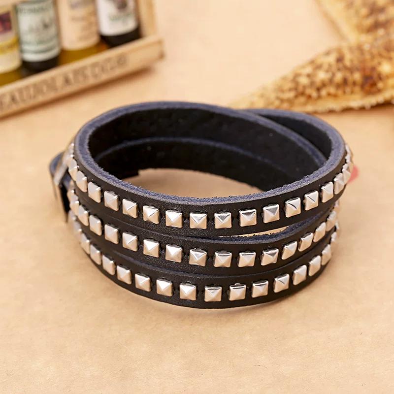 Rock Punk Silver Stud Genuine Leather Bracelet Multi Round Cowhide Leather Bracelet European American New Bracelet Foreign Trade
