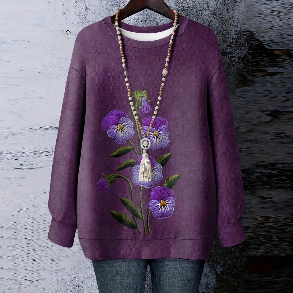 Women's Floral Print Round Neck Long Sleeved T-shirt Sweatshirt Top