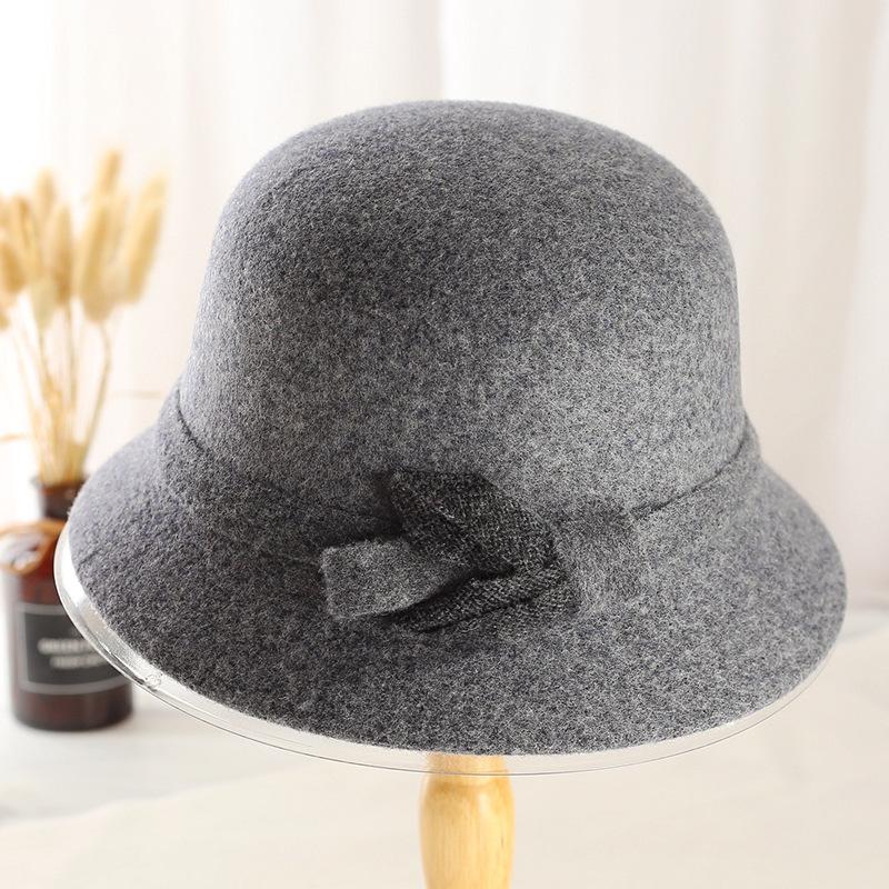 Nowy jesienno-zimowy kapelusz rybacki dla starszych kobiet, dekoracja z węzłem liściowym, damski brytyjski gruby ciepły wełniany kapelusz garnkowy