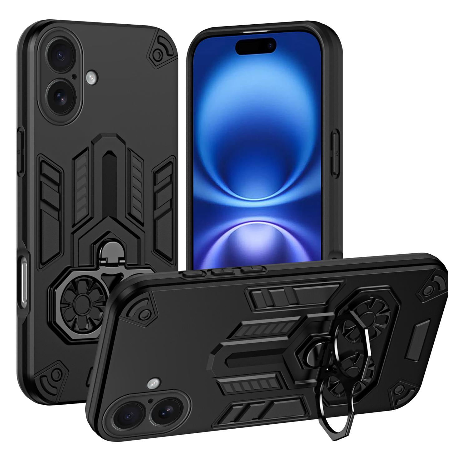 For iPhone 16 Case Ring Holder Kickstand PC + TPU Shockproof Phone Cover B