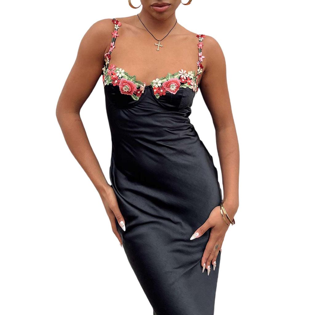 European and American Spring/Summer 2024 Embroidered Lace Sleeveless Solid Color Dress for Women