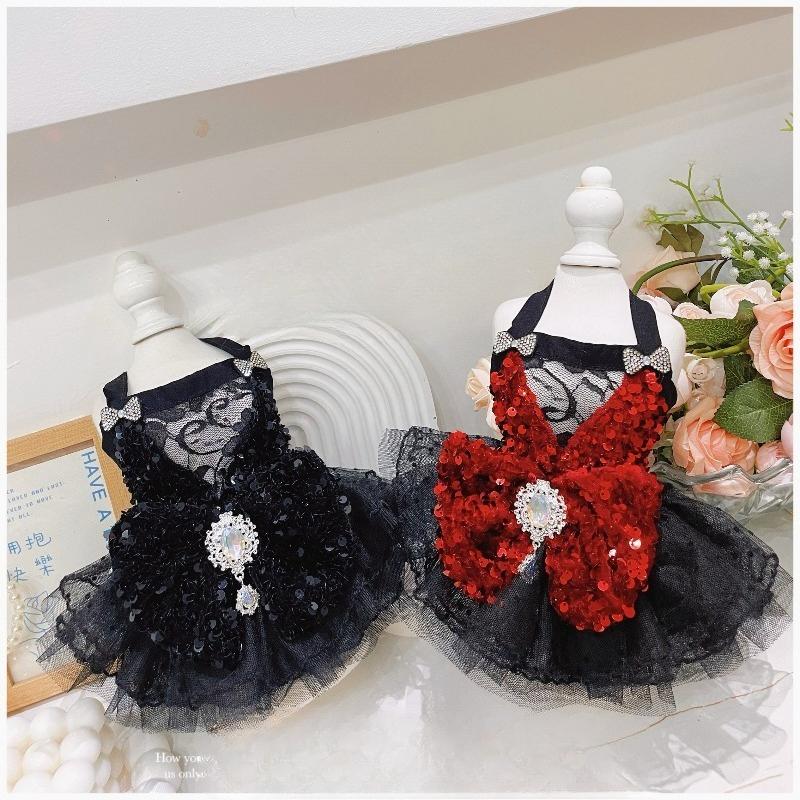 Black Red Gothic Pet Halter Dress Shiny Sequins Bling Crystal Brooch Double Bows Lace Ruffle Mesh Princess Sundress Pet Clothes