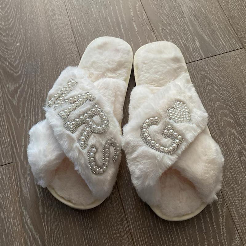 Women Home Furry Slippers Fork Strap Bride Wedding MRS Slippers Cozy Indoor Footwear