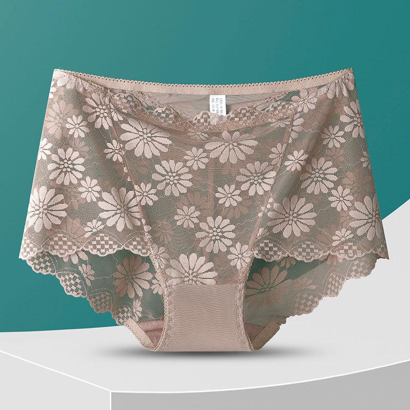 Plus Size Lady Summer Sexy Lace Hollow Out Transparent Without Mark Lift Hip High Waist Triangle Briefs