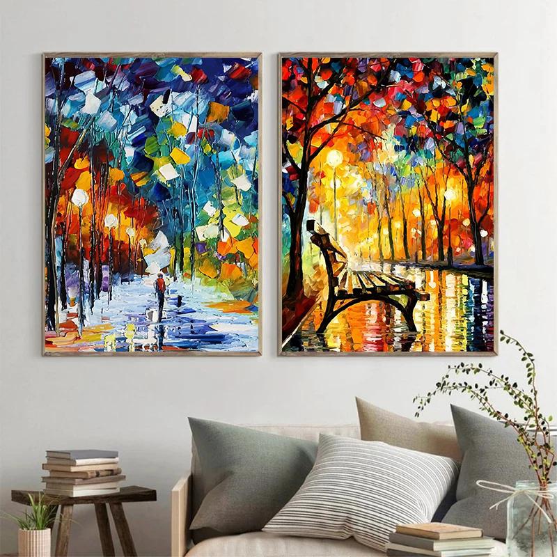 Classic Leonid Afremov Abstract Artwork Rainy Night Couple Landscape Poster Canvas Painting Wall Art Pictures Home Room Decor