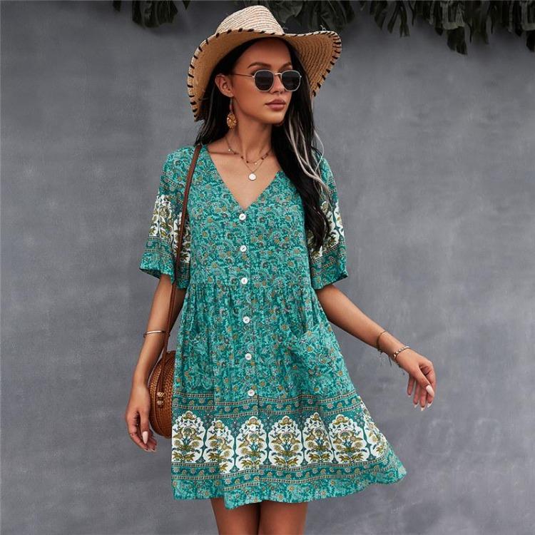 Women Casual Sexy Bohemian V Neck Short Sleeve Print Short Dress Spring Summer Beige Green Navy Blue S M L XL