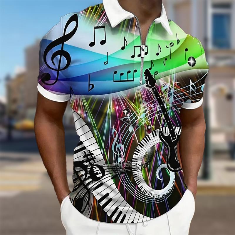 Men's Shirt Polo Casual Zip Short Sleeve Fashion Casual Zipper Summer Spring Regular Fit Piano & Guitar 3D Print Shirt