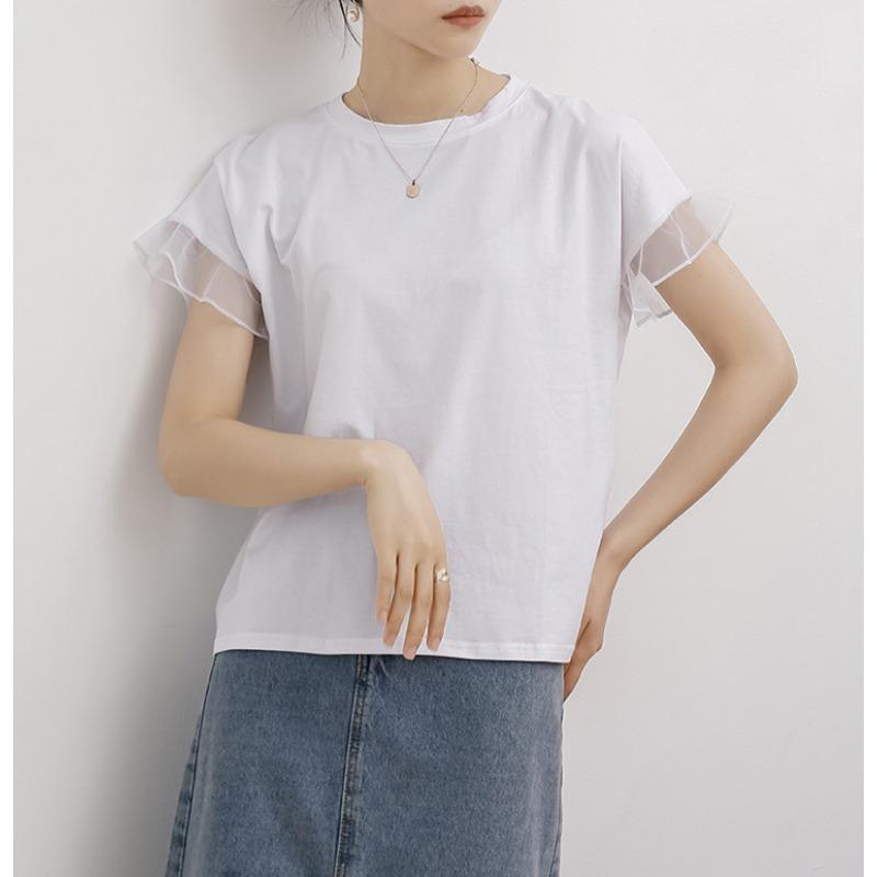 New Summer Mesh Ruffled Round Neck Cotton T-shirt for Women