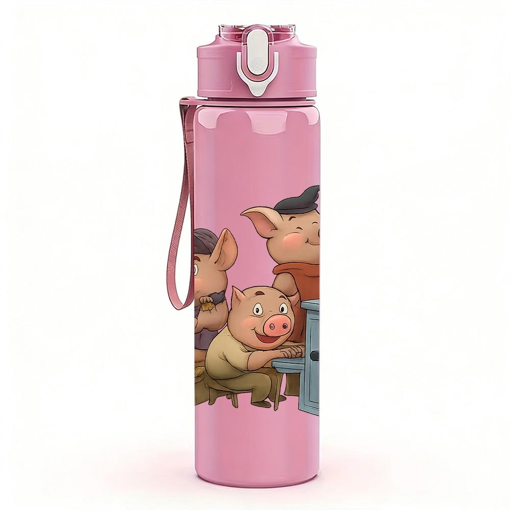 1PC Three Pigs Cartoon Scene 750ml Color Plastic Sports Water Bottle Leakproof Flip Straw Lid Suitable for Sports Office Home Use