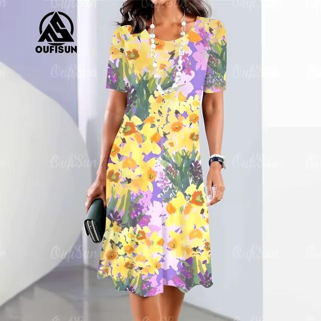 Rochie Midi Elegantă de Damă cu Mânecă Scurtă, Modă, Imprimeu 3D, Mărimi Mari, Îmbrăcăminte de Plajă