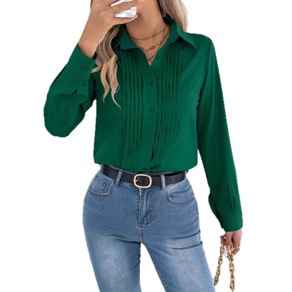 Women Pleated Front Button Down Long Sleeve Blouse