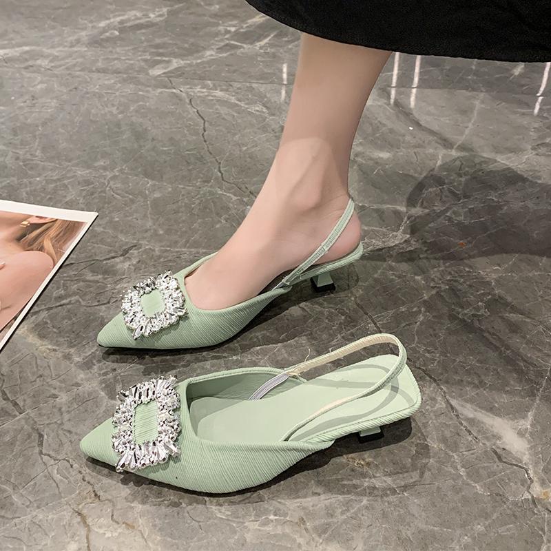 2024 New Summer Fashion Solid Color Women's High Heels Pointed Toe Rhinestone Decoration Casual Stiletto Women's High Heels