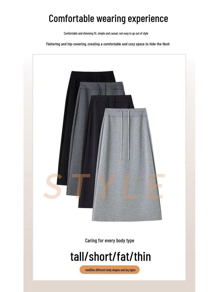Women's Gray Elastic Waist A-Line Mini Skirt - Sporty High Waist, Bodycon, Slit, Casual Autumn Wear for Petite