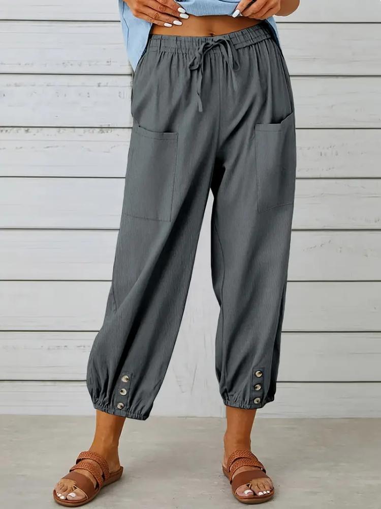 Women Capri Pants Drawstring High Waist Trousers Wide Leg Cropped Pants with Pockets