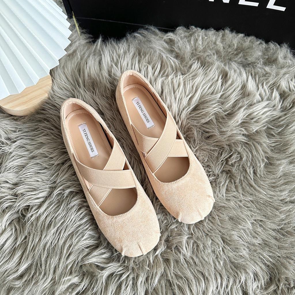 Height Increase 5cm French Cross Elastic Band Pig Nose Mary Jane Shoes Women's One-pedal Flat Ballet Shoes Outer Wear