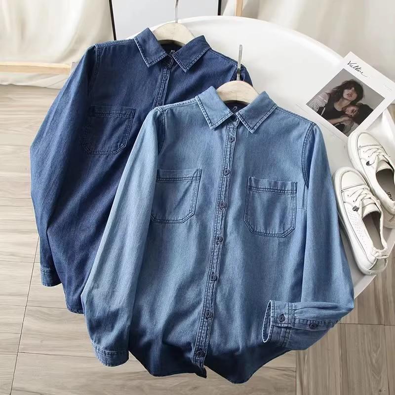 Women's Korean Style Slimming Denim Shirt, Long Sleeve, for Spring/Autumn Layering, Design Sense, Base Shirt, Thin Jacket.