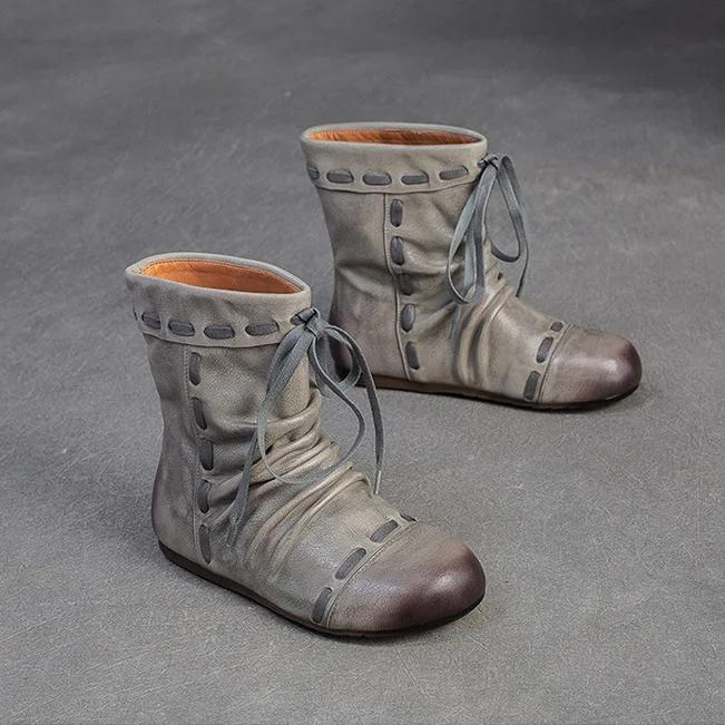 Johnature Genuine Leather Pleated Round Toe Short Boots Retro Soft Soled Versatile Women's Shoes