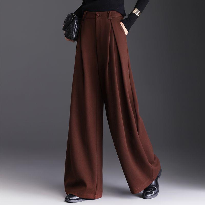 Women's High-Waist Woolen Wide-Leg Winter Pants with Pockets – Slimming, Non-Iron, Casual, Thickened Design for Mothers