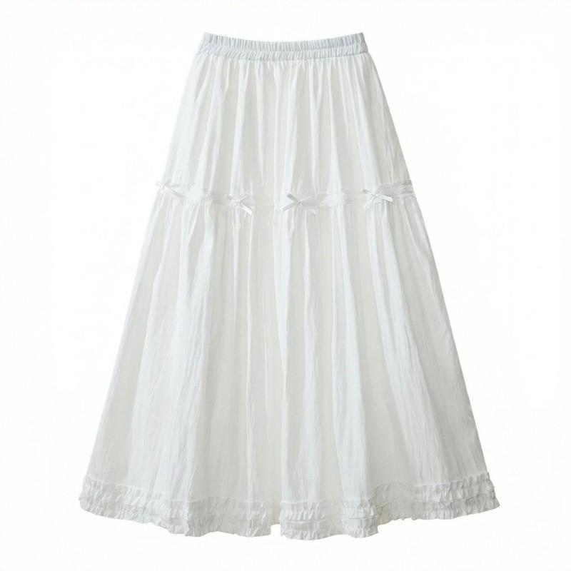 Qooth White Tiered Ruffle Skirt Bow Detail A-Line Midi Slimming QT2865