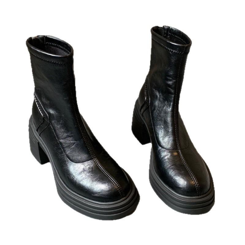 Cowhide version~ Small height-increasing short boots women's thick sole. cm waterproof table slim Martin boots rear zipper boots