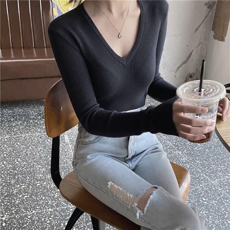 Plus Size High-end V-neck Knitwear Women's Autumn Winter Slim Fit Slimming Long Sleeve Inner Base Layer Top