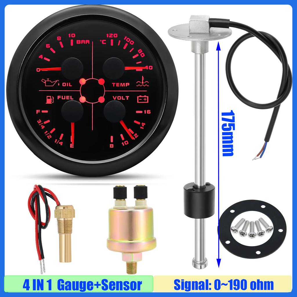 Red LED 85mm Gauge with Alarm 4 IN 1 Water Temp Meter/Oil Pressure/Fuel Gauge/Voltage+ 0-190 ohm Fuel Level Sensor 100-550mm 12V
