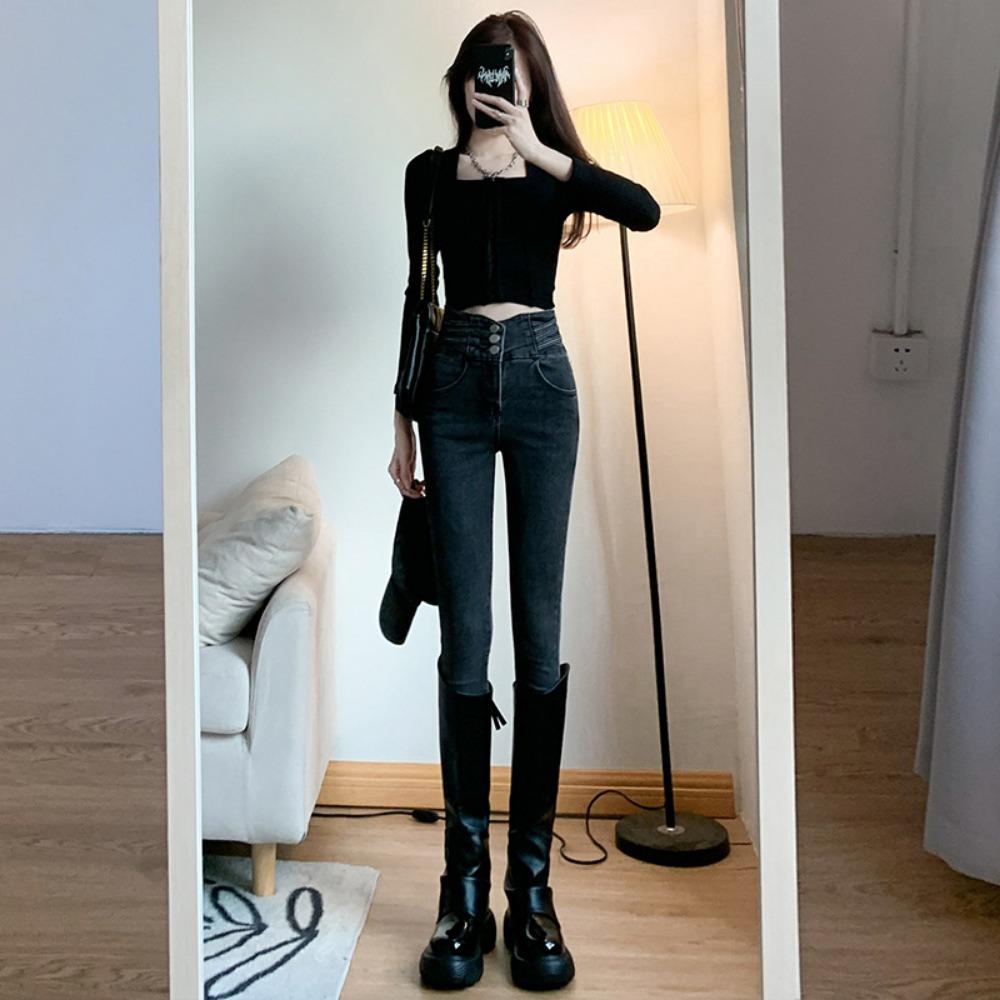 High Waist Tight Jeans Women's Pencil Spring and Autumn New Korean Version Slim and Thin Versatile Small Feet Trousers Ins Tide