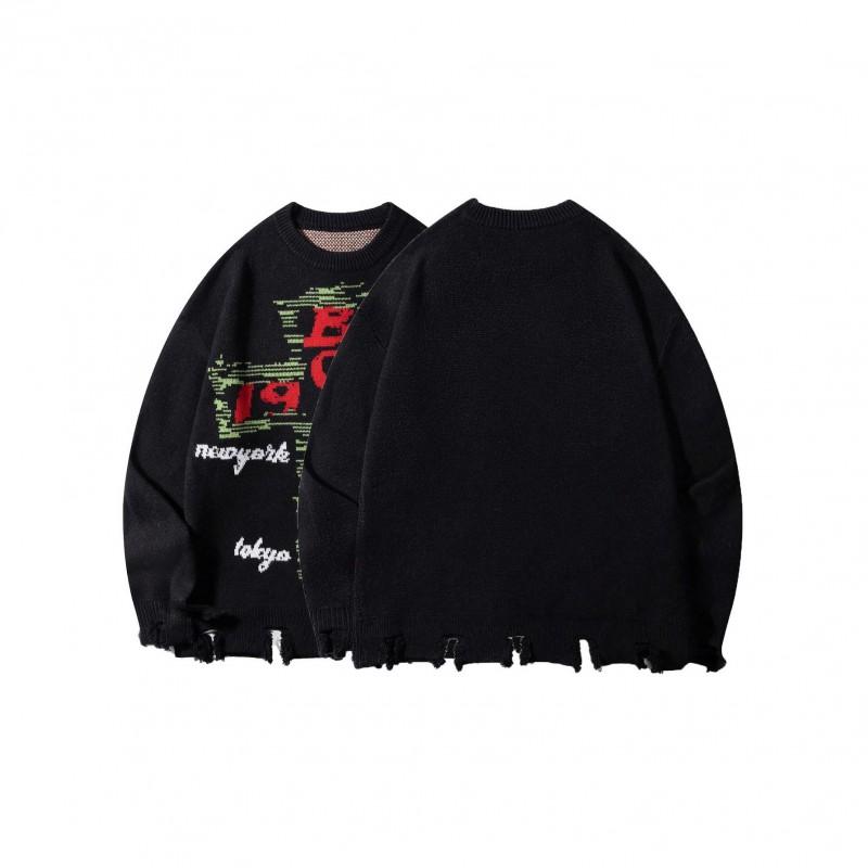 Mens Vintage Streetwear Knit Sweater Loose Fit Round Neck Long Sleeve Casual Pullover