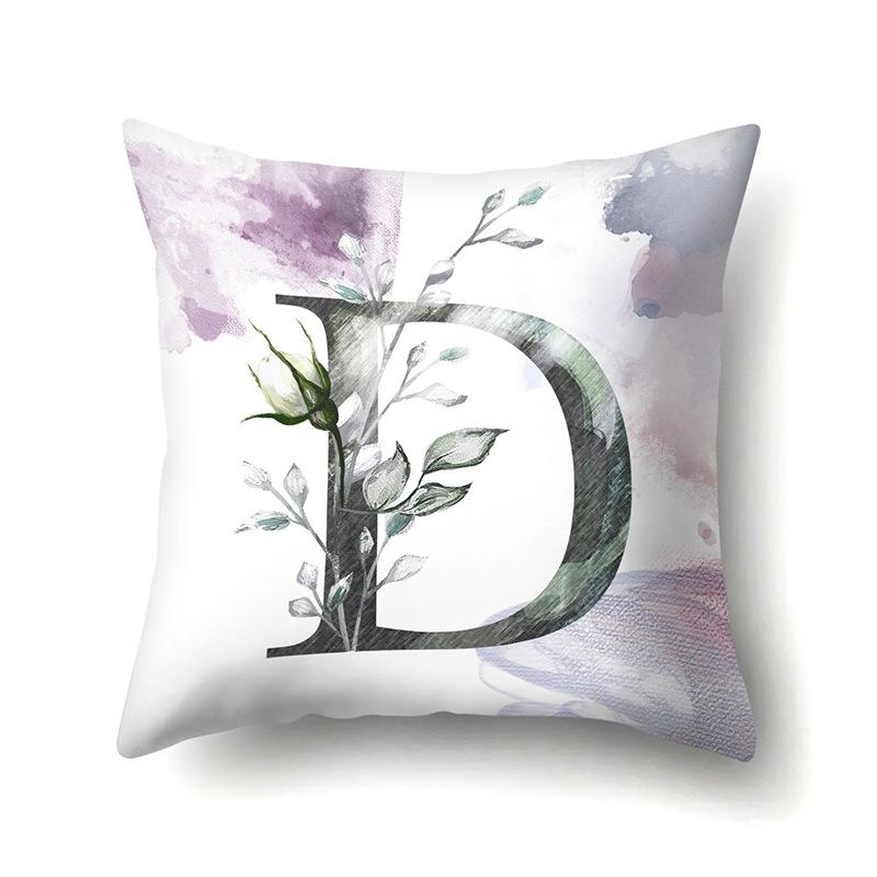 Polyester Pillowcase Home Watercolor Flower Print Pillowcase 26 English Letters Bedside Cushion Cover