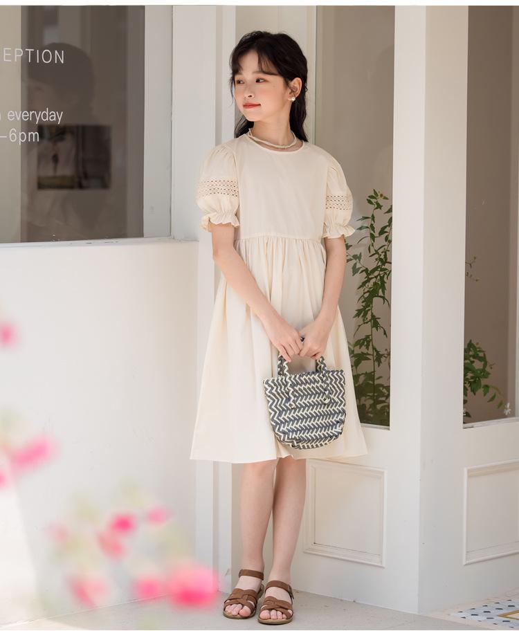 Mädchen Jumpsuit Kleid im koreanischen Stil mit Puffärmeln - Kurzarm einfarbig Kinderbekleidung 2025