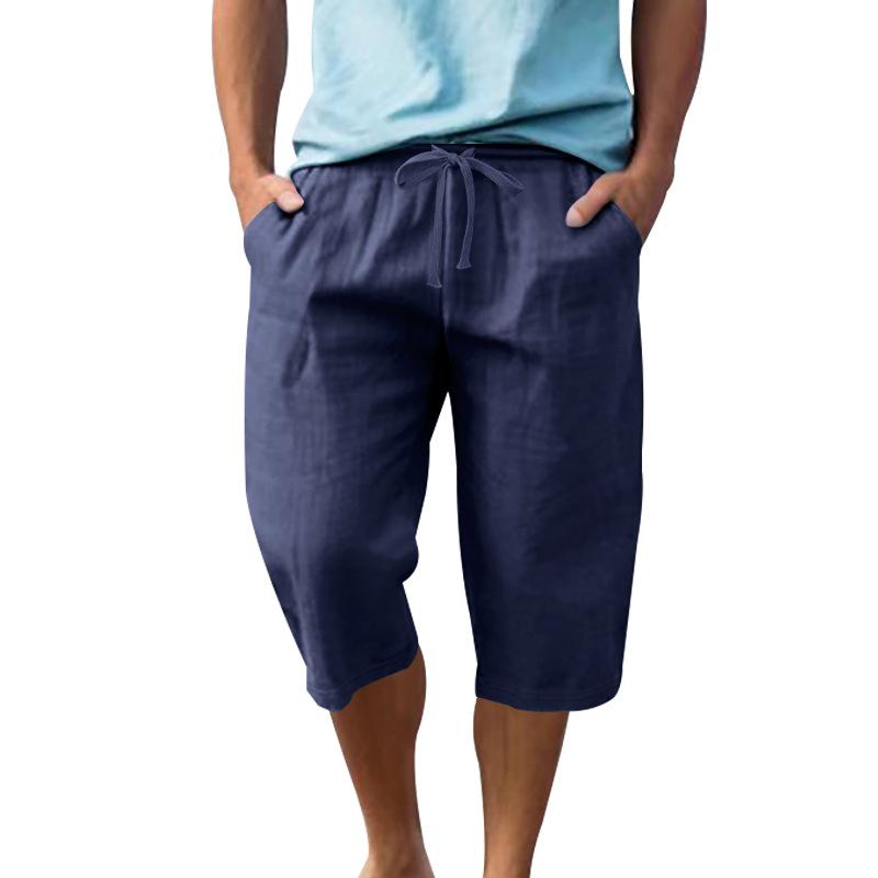 Summer Loose and Simple Solid Color Seven Quarter Pants Cotton and Linen Breathable Casual Sports Beach Men’s Shorts