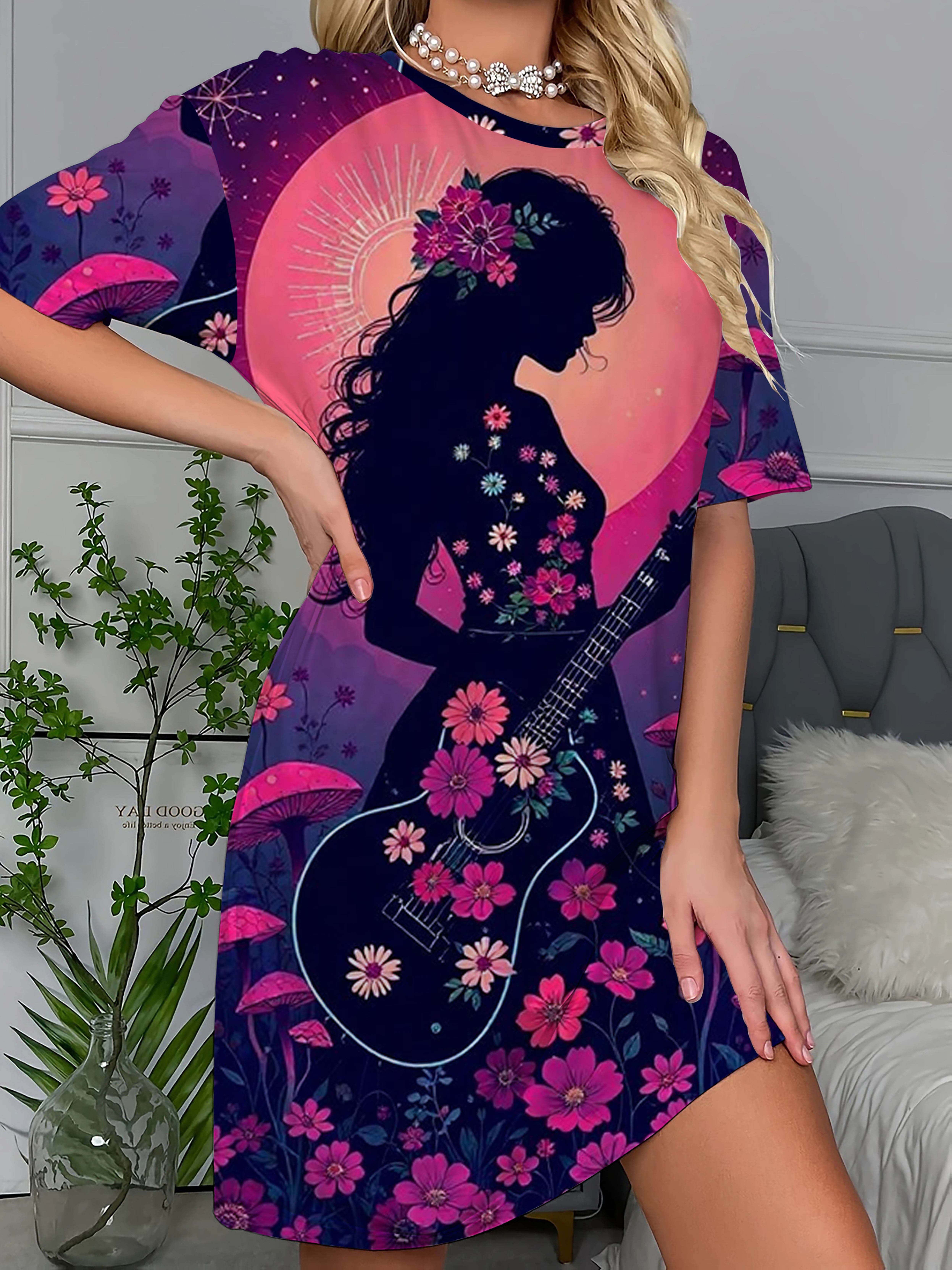 

Women s Short-sleeved Dress and Dress with Round Neckline. Featuring a Floral Print with a Guitarist Portrait XS дубильная кора