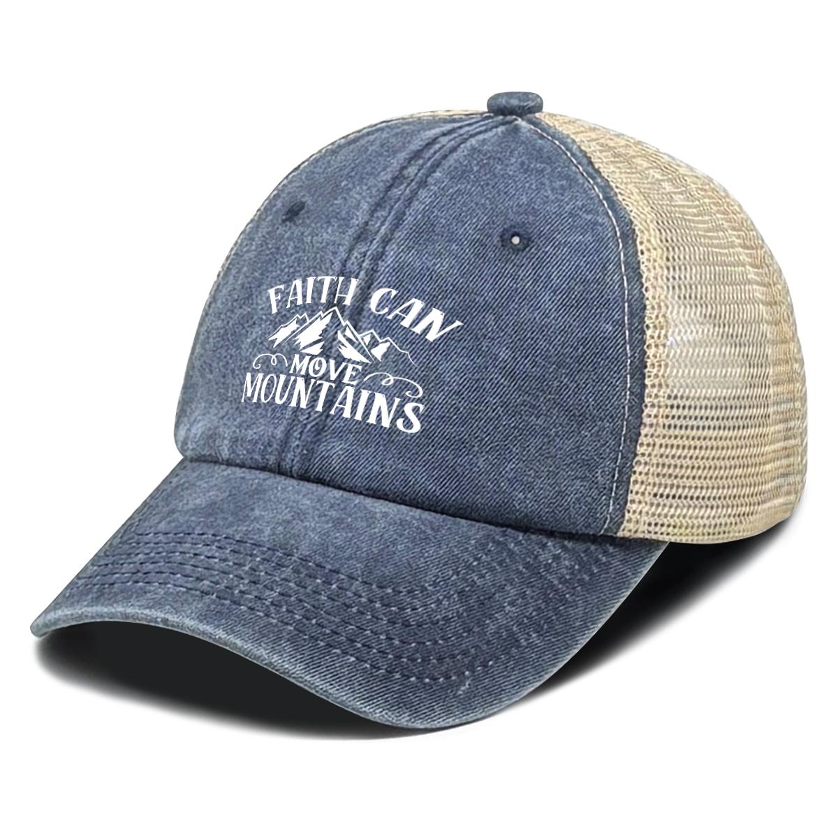 FAITH CAN MOVE MOUNTAINS Printed Cap Adjustable Breathable Distressed Baseball Hat for Hiking Golf Outdoor Activities Mesh Cap