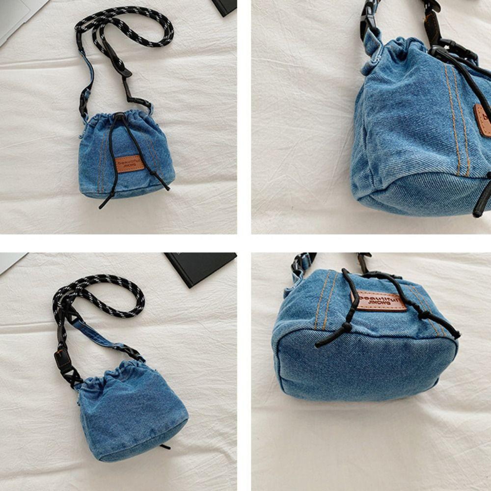 Large Capacity Drawstring Crossbody Bag Solid Color Jeans Shoulder Bag Denim Canvas Bag  Women