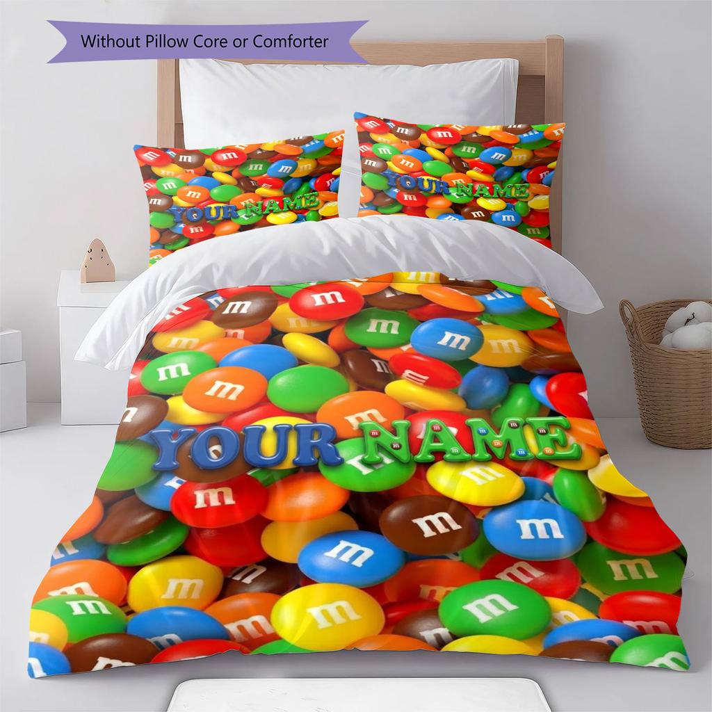 M&M's Bettwäsche mit individuellem Namensmuster, Steppbett-Set, Bettbezug, Kissenbezug, Heim-Geburtstagsgeschenk(1 Bettbezug + 2 Kissenbezüge, ohne Füllung)