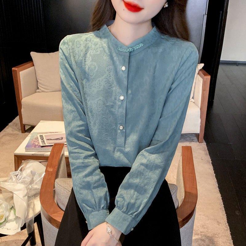2024 Women's Retro Jacquard Cotton Pullover: Long Sleeve Stand-up Collar Shirt for Spring and Autumn