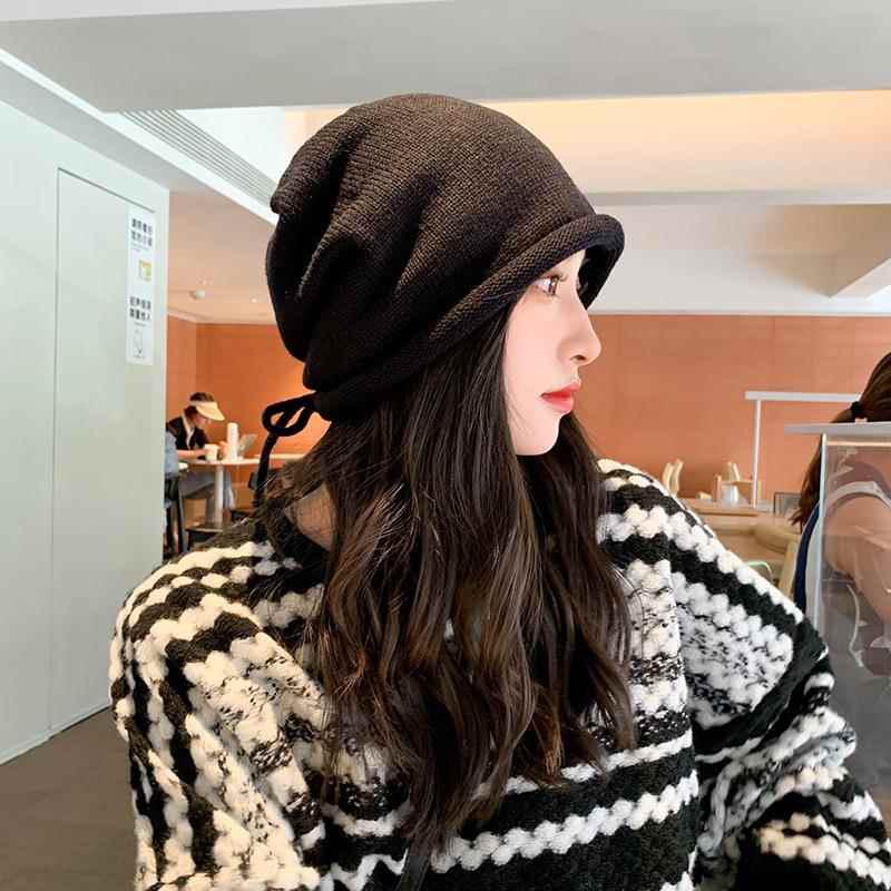 Autumn And Winter Pile Hat With Curled Brim And All-Match Warm Cold Hat With Large Head Knitted Drawstring Hat For Women