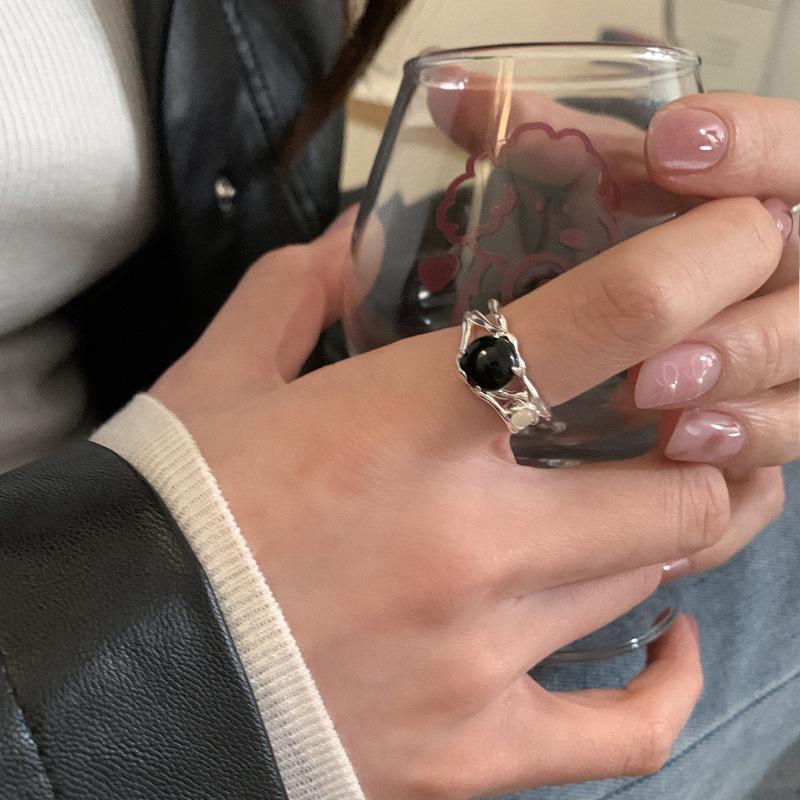 PANJBJ 925 Sterling Silver Geometric Black Stone Rings for Women Girl Korean Simple Adjustable Couple Jewelry Dropshipping