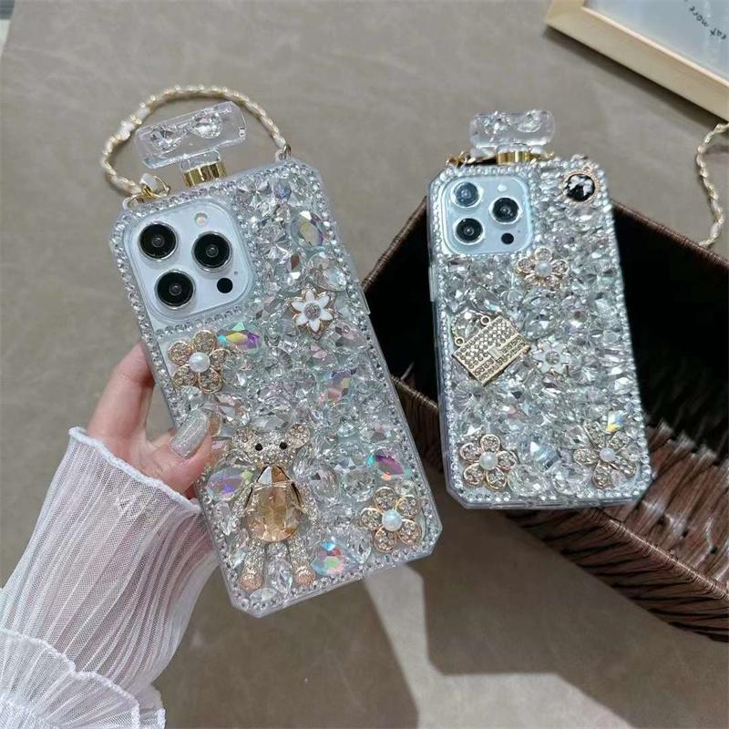 Luxury Fashion Perfume Bottle Rhinestone Phone Case For iPhone 15 14 13 12 11 Pro Max X XS XR XS Max 8 7 Plus Lanyard Shockproof Cover