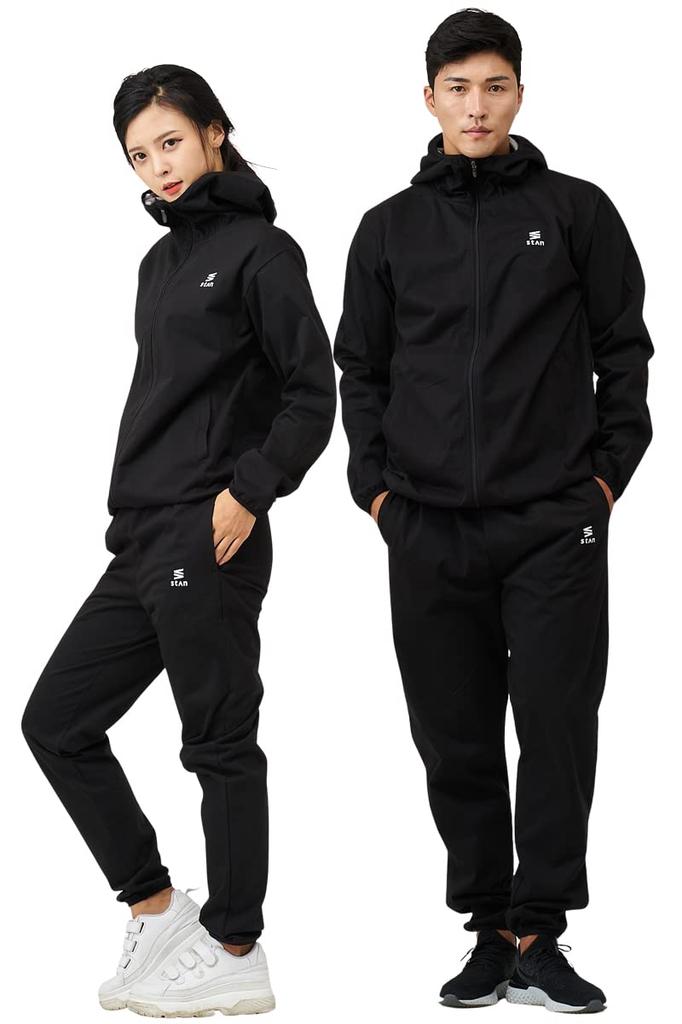 stan Sauna Top and Bottom Set Size Suit, Full-Zip, Unisex, (Black, S)