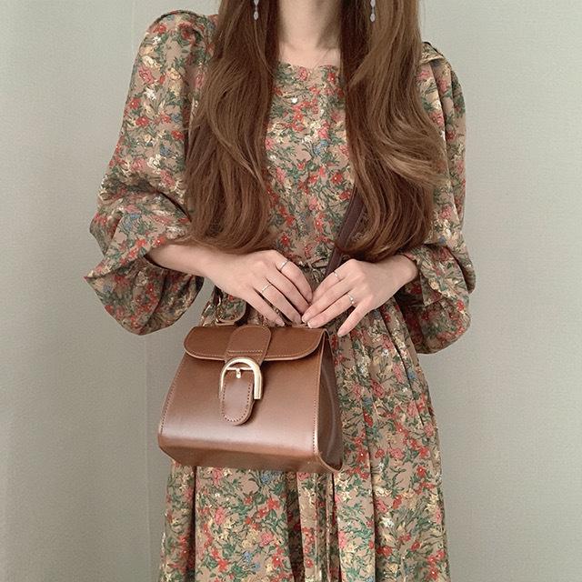 

Korean Retro Floral Lace-up Mid-length Dress with Lining One Size
