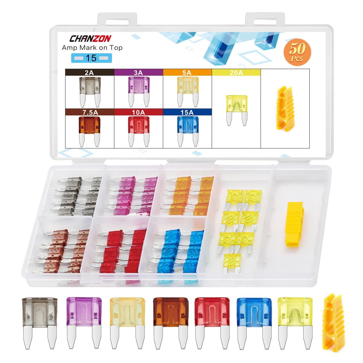 

Chanzon UL Listed Standard Blade Fuse Assortment Kit ATC ATO APR 10 Values 5 Each:2A,3A,5A,7.5A,10A,15A, 20A, 30 Amp,35A,40A Spare Auto Fuses Set 50Pcs Mini