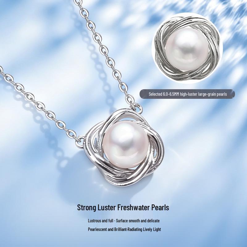 Elegant S925 Sterling Silver Necklace for Women, featuring a Natural Freshwater Pearl and Star Ring Embracing the Moon pendant on a Clavicle Chain.