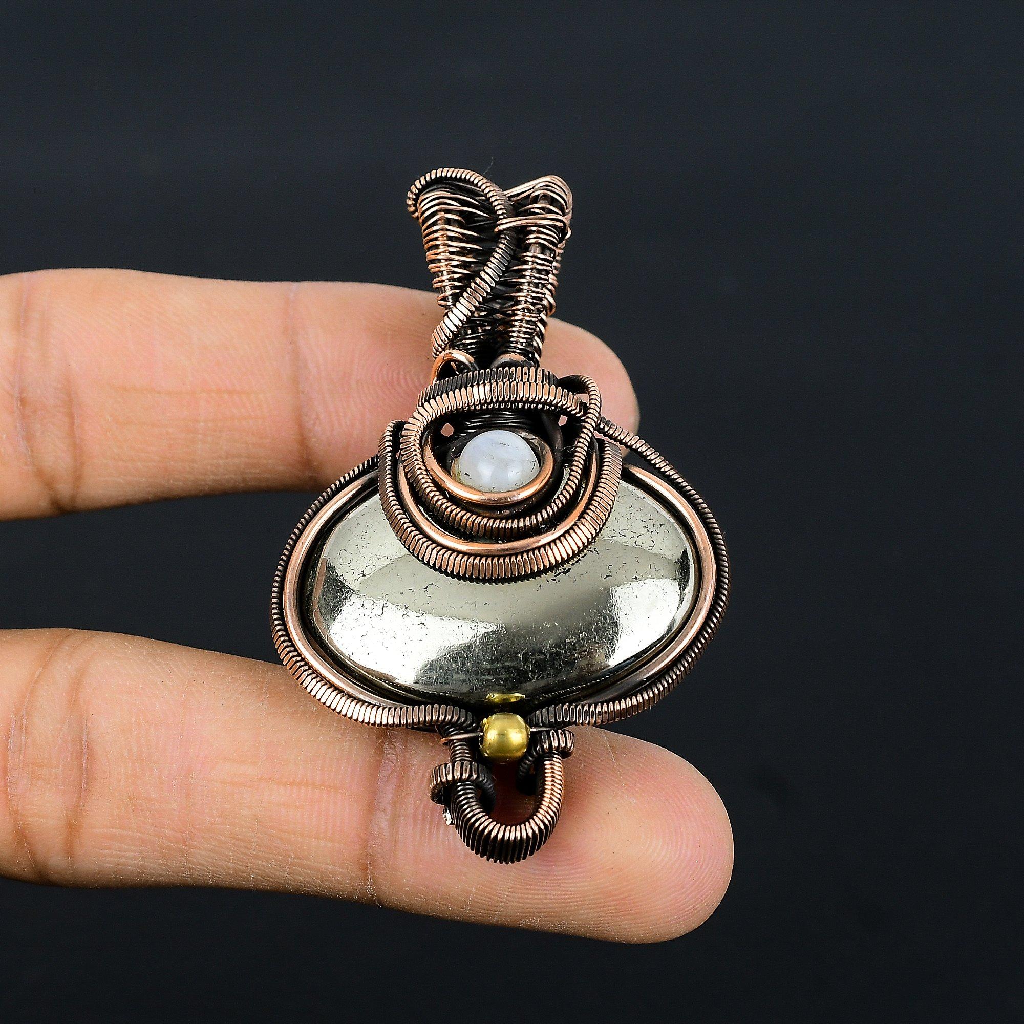 

Pyrite Agate & Moonstone 999 Copper Wire Wrapped Pendant, Handmade Gemstone Pendant Jewelry, Gifts For Wife Brand New Pendant 2.55 Inches