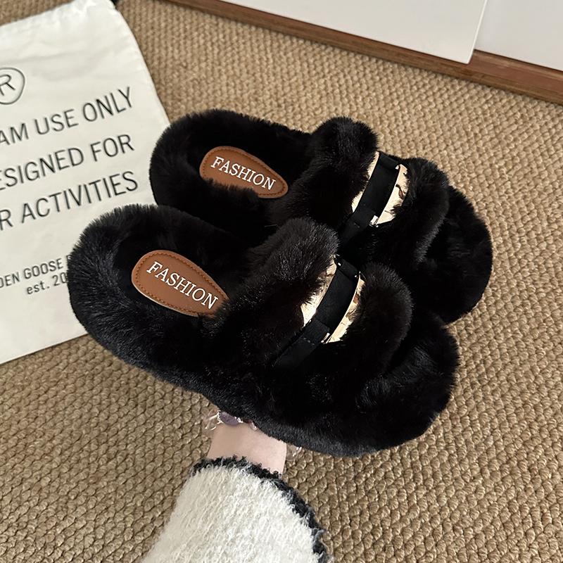 Women Fur Slippers Flats Shoes Casual Short Plush Cozy Winter Open Toe Flip Flops 2025 New Trend Slingback Slides Mujer