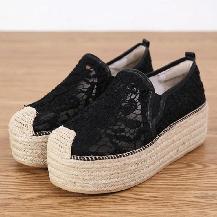 

2025 new straw thick-soled fisherman shoes women s summer high-heeled lazy one-pedal lace muffin shoes versatile single shoes women 40 чёрный