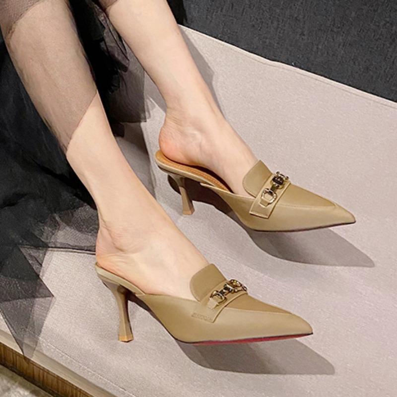Womens Slippers 2024 New Fashion Leather Baotou Sandals Metal Decoration Summer Versatile Pointed Toe Women's High Heel Slippers
