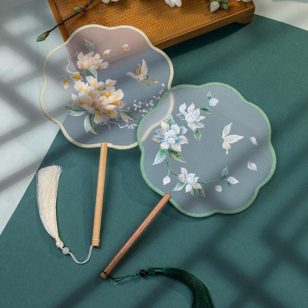 Chinese Embroidered Eight-Petal Round Dance Fan with Tassel - Perfect for Hanfu and Qipao Costumes