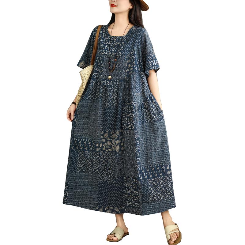 DIMANAF 2025 Summer Plus Size Dress Women Casual Vintage Shirt Dress Loose Basic Printing Dress