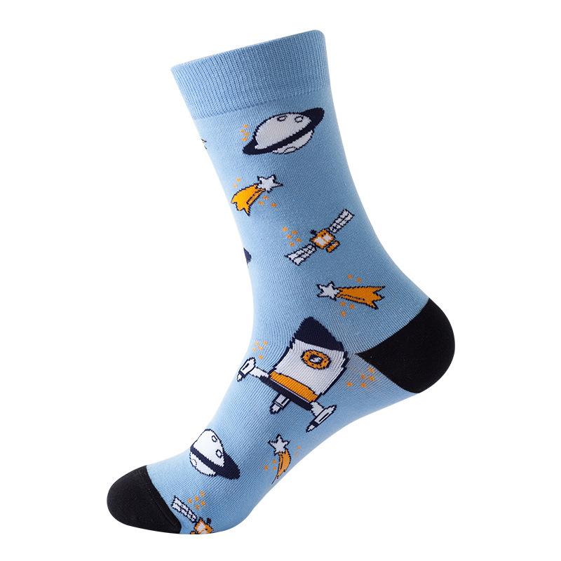 1Pair Funny Ins Astronaut Airplane Heavenly Body Middle Tube Men Happy Socks Streetwear Cotton Male Skateboard Boys Adult Sox